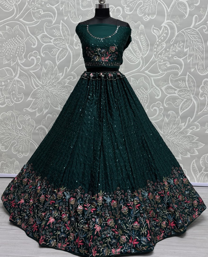 2811 - Beautiful Flower Pattern Green Embroidery and Thread work design Partywear Lehengacholi 
